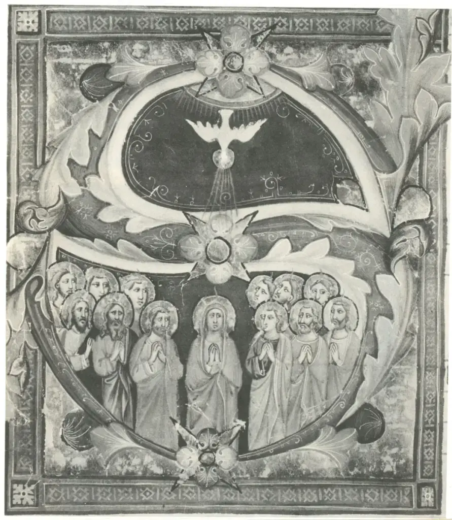 Pacino di Buonaguida , Iniziale S, Iniziale istoriata, Pentecoste, Motivi decorativi fitomorfi
