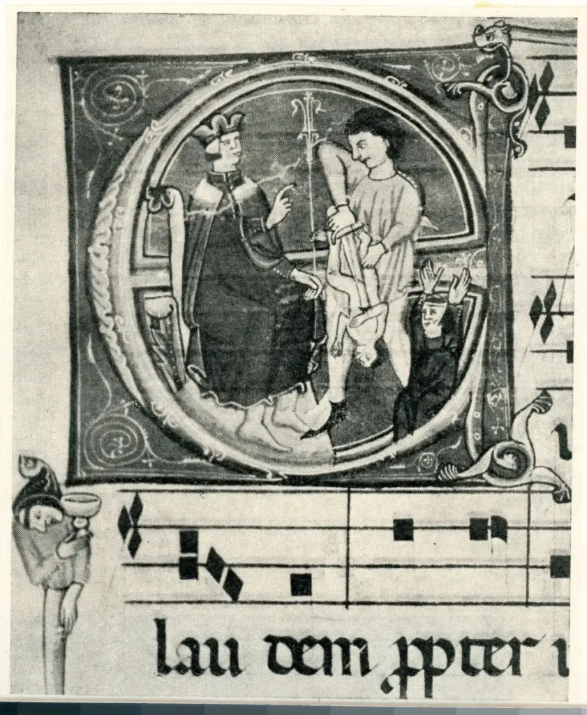 Anonimo sec. XIV , Iniziale E, Iniziale istoriata, Motivo decorativo antropomorfo , Notazione musicale