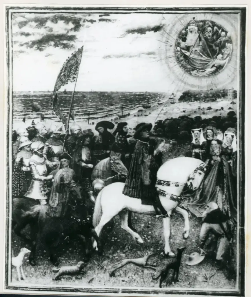Anonimo , Un prince de la maison de Bavière_Hainaut, miniature des " Heures de Turin "/ (Bibliothèque Nationale, Turin) , fronte
