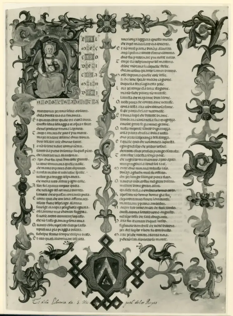 Anonimo fiorentino sec. XIV , Iniziale N, Iniziale abitata, Allegoria della Giustizia, Cornice con motivi decorativi fitomorfi e animali, Stemma