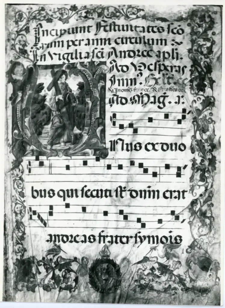 Anonimo sec. XIV , Iniziale abitata, Cornice con motivi decorativi fitomorfi, Notazione musicale