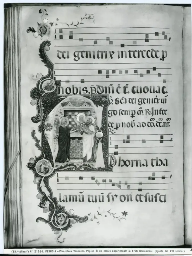 Alinari, Fratelli , Perugia. Pinacoteca Vannucci. Pagina di un corale appartenente ai Frati Domenicani. (Ignoto del XVI secolo.) , fronte