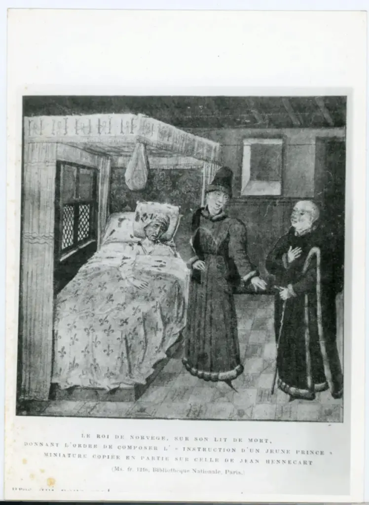 Anonimo , Le roi de Norv&egrave;ge, sur son lit de mort, donnant l'ordre de composer l' &laquo; Instruction d'un jeune prince &raquo; - Miniature copi&egrave;e en partie sur celle de Jean Hennecart - (Ms. fr. 1216, Biblioth&egrave;que Nationale, Paris.) , fronte