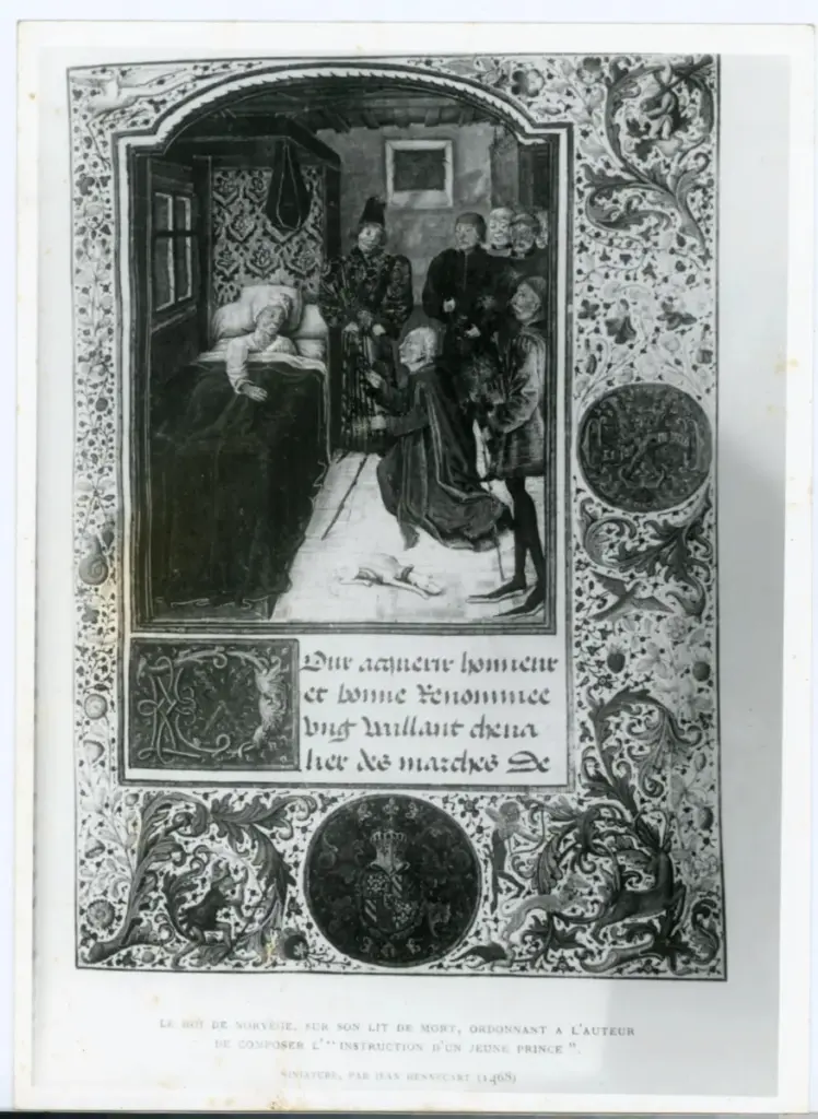 Anonimo , Le roi de Norv&egrave;ge, sur son lit de mort, ordonnant a l'auteur de composer l'" Instruction d'un jeune prince ". - Miniature, par Jean Hennecart (1468) , fronte