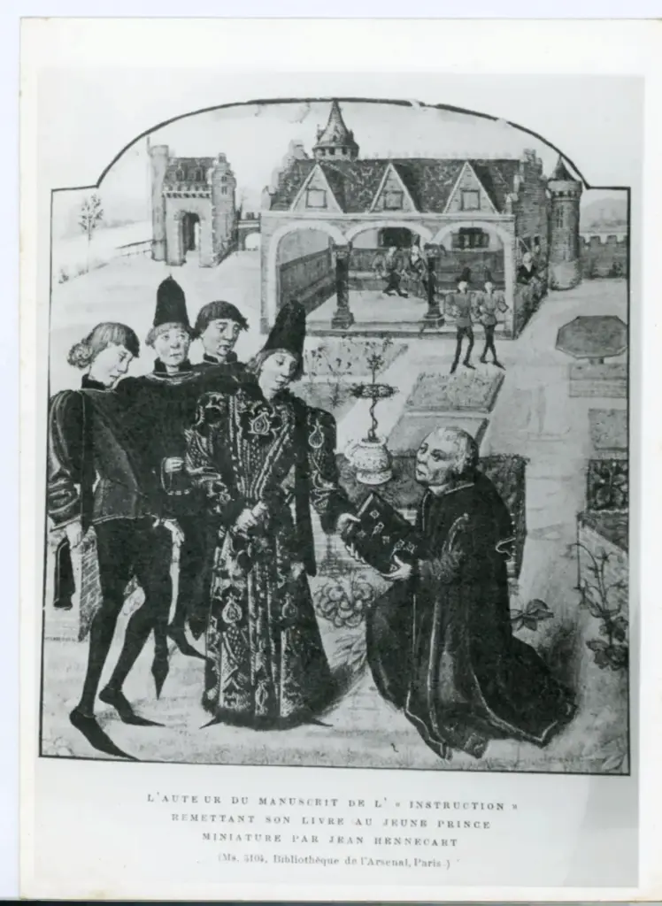 Anonimo , L'auteur du manuscrit de l' &laquo; Instruction &raquo; remettant son libre au jeune prince - Miniature par Jean Hennecart - (Ms. 5104, Biblioth&egrave;que de l'Arsenal, Paris.) , fronte