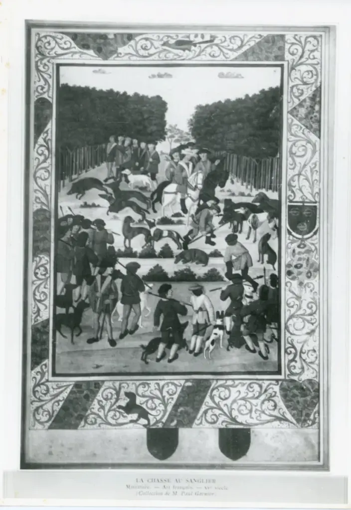 Anonimo , La chasse au sanglier - Miniature. - Art fran&ccedil;ais. - XVe si&egrave;cle - (Collection de M. Paul Garnier) , fronte