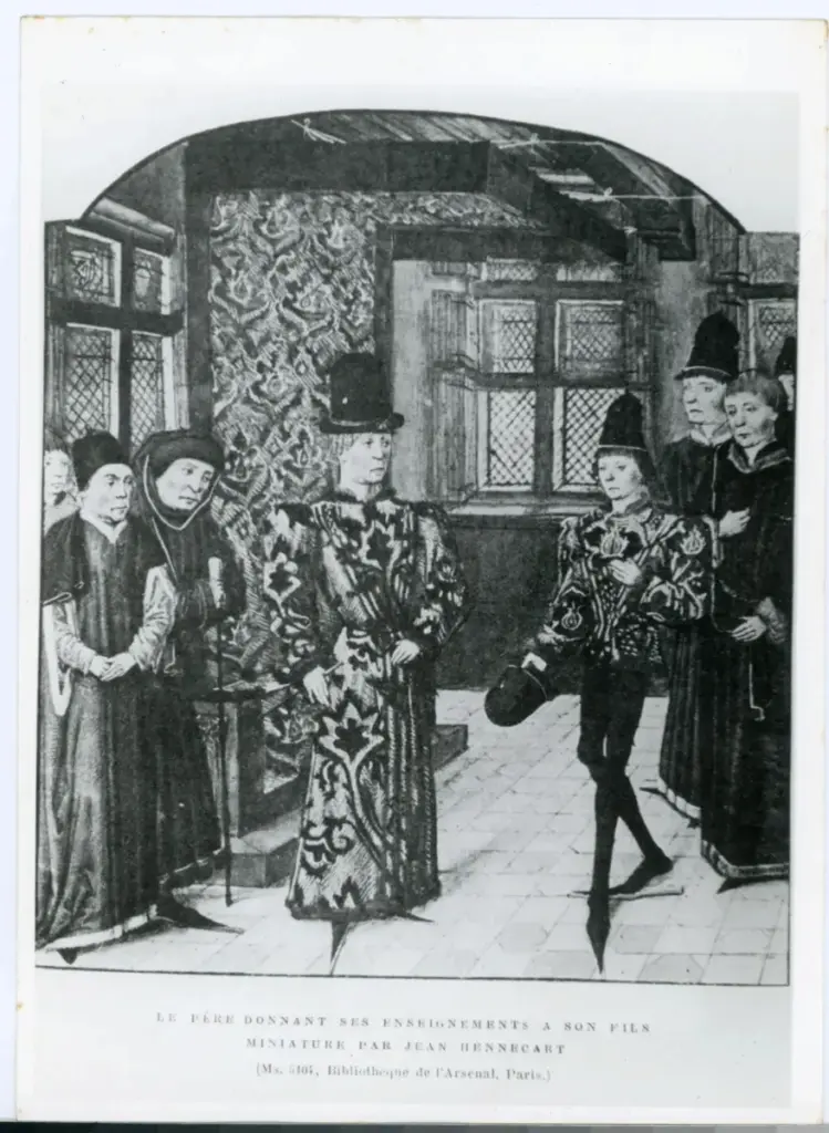 Anonimo , Le père donnant ses enseignements a son fils - Miniature par Jean Hennecart - (Ms. 5104, Bibliotheque de l'Arsenal, Paris.) , fronte