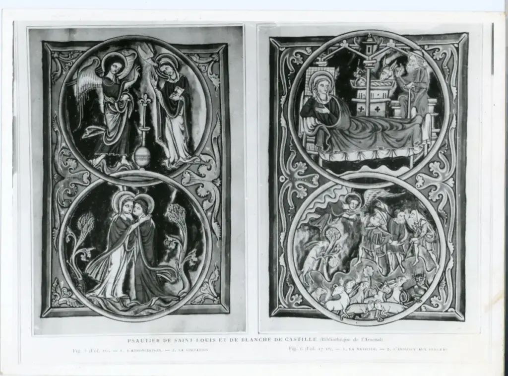 Anonimo , Psautier de saint Louis et de Blanche de Castille (Biblioth&egrave;que de l'Arsenal) - L'Annonciation - La Visitation - La Nativit&eacute; - L'Annonce aux berges , fronte