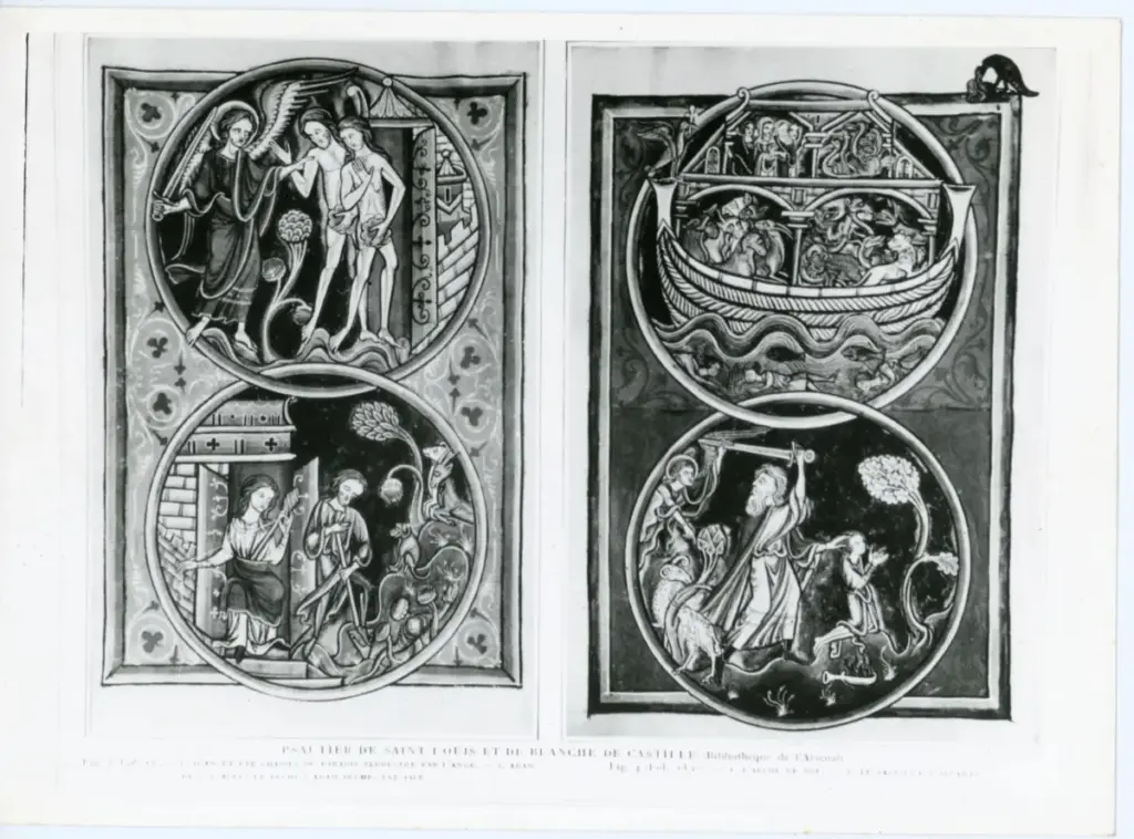 Anonimo , Psautier de saint Louis et de Blanche de Castille (Bibliothèque de l'Arsenal) - Adam et Eve chassé du Paradis terrestre par l'Ange; Adame et Eve après le péche: Adam bêche; Eve file - L'arche de Noè; le sacrifice d'Abraham , fronte