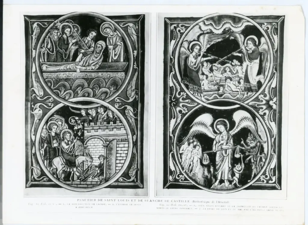 Anonimo , Psautier de saint Louis et de Blanche de Castille (Biblioth&egrave;que de l'Arsenal) - La resurrection de Lazare; L'entr&eacute;e &agrave; Jerusalem - Deux anges sonnant de la trompette et faisant sortir les morts de leurs tombeaux; la pes&eacute;e du bien et du mal par l'archange saint Michel , fronte