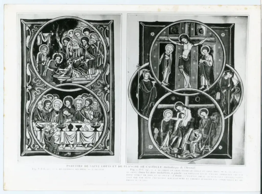 Anonimo , Psautier de saint Louis et de Blanche de Castille (Biblioth&egrave;que de l'Arsenal)/ Le lavement des pieds; la C&egrave;ne/ Le Christe en croix entre la Vierge et saint Jean; la descente de croix , fronte