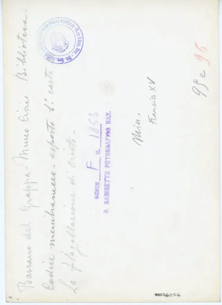 Istituto Centrale per il Catalogo e la Documentazione: Fototeca Nazionale , Bassano del Grappa - Museo civico - Biblioteca - Codice membranaceo esposto 1&deg; carta - La Flagellazione di Cristo , retro