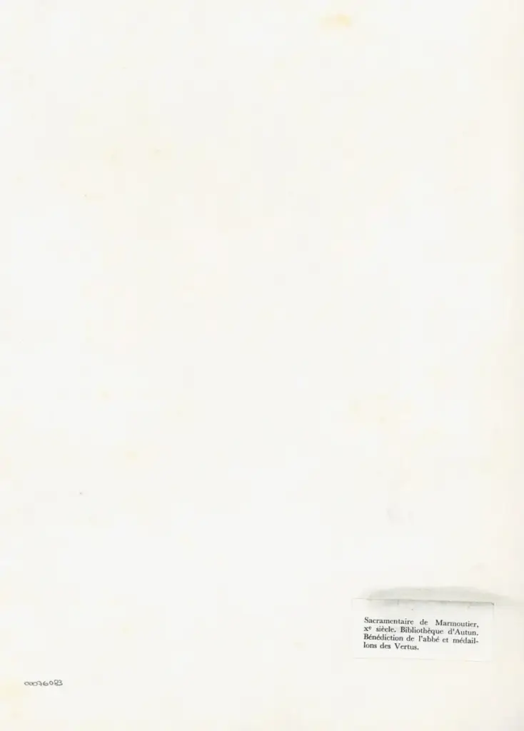 Anonimo , Sacramentaire de Marmoutier, Xe siècle. Bibliothèque d'Autun. - Bénédiction de l'abbé et médaiillons des Vertus. , retro