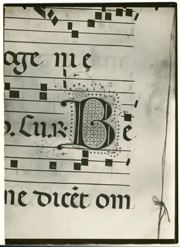 Anonimo , - - Iniziale decorata; Motivi decorativi fitomorfi; Iniziale B; Notazione musicale , fronte