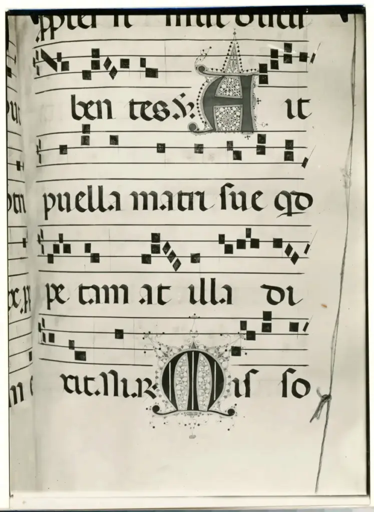 Anonimo , - - Iniziale A; Iniziale M; Motivi decorativi fitomorfi; Notazione musicale , fronte