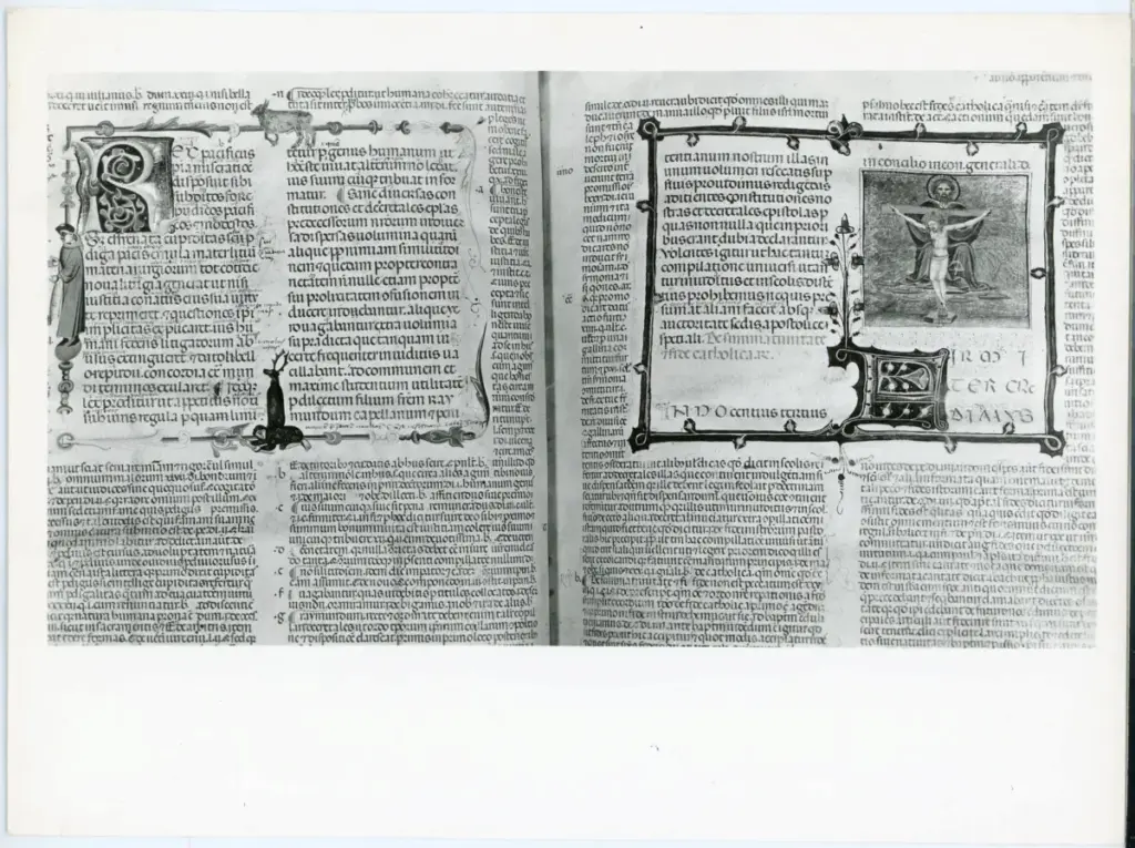 Anonimo sec. XIV , Allegoria della Trinit&agrave;, Iniziale R, Iniziale F, Iniziale decorata, Motivi decorativi fitomorfi, Animali, Monaco