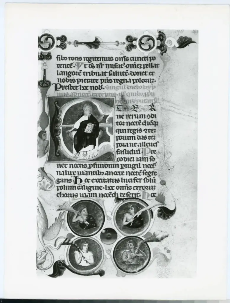 Anonimo sec. XIV ; Barisini Tommaso, (?) , Iniziale E, Iniziale abitata, Cristo in trono, Testa di giovane con fiaccola, Motivi decorativi fitomorfi