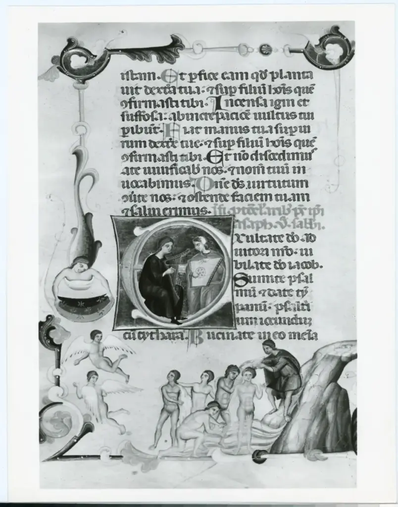 Anonimo sec. XIV ; Barisini Tommaso, (?) , Iniziale E, Iniziale abitata, Musici, Battesimo, Motivi decorativi fitomorfi