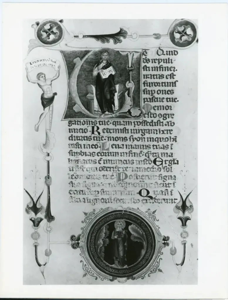 Anonimo sec. XIV ; Barisini Tommaso, (?) , Iniziale U, Iniziale abitata, Cristo in trono, Motivi decorativi fitomorfi