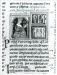 Anonimo italiano sec. XIV , Miniatura tabellare, Miniatura con figura umana, Imperatore Giustiniano, Finte architetture, Iniziale P, Iniziale I