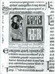 Anonimo italiano sec. XIV , Miniatura tabellare, Miniatura con figura umana, Imperatore Giustiniano, Finte architetture, Iniziale E