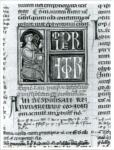 Anonimo italiano sec. XIV , Miniatura tabellare, Miniatura con figura umana, Imperatore Giustiniano, Finte architetture, Iniziale A