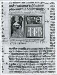 Anonimo italiano sec. XIV , Miniatura tabellare, Miniatura con figura umana, Imperatore Giustiniano, Finte architetture
