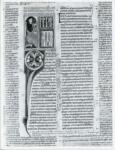 Anonimo italiano sec. XIV , Miniatura tabellare, Miniatura con figura umana, Imperatore Giustiniano, Iniziale C, Iniziale decorata, Motivi decorativi fitomorfi