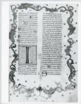 Anonimo italiano sec. XV , Pagina miniata, Fregio con motivi vegetali e animali, Iniziale I, Iniziale filigranata