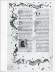 Anonimo italiano sec. XV , Pagina miniata, Fregio con motivi vegetali e animali, Iniziale R, Iniziale decorata