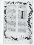 Anonimo italiano sec. XV , Pagina miniata, Fregio con motivi vegetali e animali, Iniziale I, Iniziale filigranata