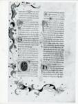 Anonimo italiano sec. XV , Pagina miniata, Fregio con motivi vegetali, Angelo, Iniziale O, Iniziale decorata