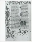 Anonimo italiano sec. XV , Pagina miniata, Fregio con motivi vegetali e animali, Motivo decorativo antropomorfo , Iniziale E, Iniziale abitata, Santo Stefano diacono martire
