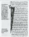 Anonimo italiano sec. XIV , Iniziale I, Iniziale figurata, Testa di vescovo, Motivi decorativi con figure fantastiche