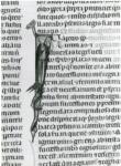 Anonimo italiano sec. XIV , Iniziale I, Iniziale figurata, Figura femminile, Motivo decorativo zoomorfo
