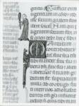 Anonimo italiano sec. XIV , Iniziale M, Iniziale abitata, Motivi decorativi vegetali e zoomorfi, Figura maschile con bastone