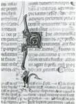 Anonimo italiano sec. XIV , Iniziale N, Iniziale decorata, Motivo decorativo con animali fantastici