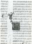 Anonimo italiano sec. XIV , Iniziale E, Iniziale decorata, Figura maschile, Motivi decorativi fitomorfi
