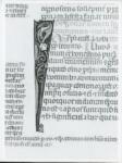 Anonimo italiano sec. XIV , Iniziale I, Iniziale figurata, Motivi decorativi con figure fantastiche, Motivi decorativi fitomorfi