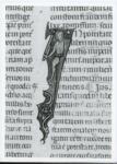 Anonimo italiano sec. XIV , Iniziale I, Iniziale figurata, Motivi decorativi con figure fantastiche, Ritratto di giovane uomo in armi
