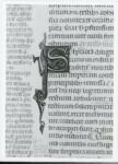 Anonimo italiano sec. XIV , Iniziale S, Iniziale figurata, Motivo decorativo con animali fantastici, Pesce, Motivi decorativi vegetali