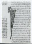 Anonimo italiano sec. XIV , Iniziale I, Iniziale figurata, Motivi decorativi con figure fantastiche, Testa d'uomo di scorcio