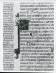 Anonimo italiano sec. XIV , Iniziale S, Iniziale decorata, Motivi decorativi vegetali e zoomorfi, Ritratto di vescovo