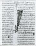 Anonimo italiano sec. XIV , Iniziale I, Iniziale figurata, Motivi decorativi con figure fantastiche, Protome coronata