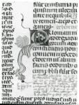 Anonimo italiano sec. XIV , Iniziale Q, Iniziale figurata, Motivo decorativo con animali fantastici