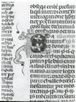 Anonimo italiano sec. XIV , Iniziale S, Iniziale figurata, Motivo decorativo con animali fantastici, Motivi decorativi vegetali