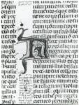 Anonimo italiano sec. XIV , Iniziale L, Iniziale abitata, Motivo decorativo con animali fantastici