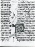 Anonimo italiano sec. XIV , Iniziale P, Iniziale abitata, Motivo decorativo con animali fantastici, Motivi decorativi fitomorfi