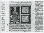 Anonimo italiano sec. XIV , Miniatura tabellare, Ulpiano, Figura maschile con libro, Figura maschile seduta