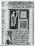 Anonimo italiano sec. XIV , Iniziale I, Iniziale figurata, Motivi decorativi con figure fantastiche, Motivi decorativi fitomorfi, Miniatura tabellare, Ulpiano, Figura maschile con cartiglio